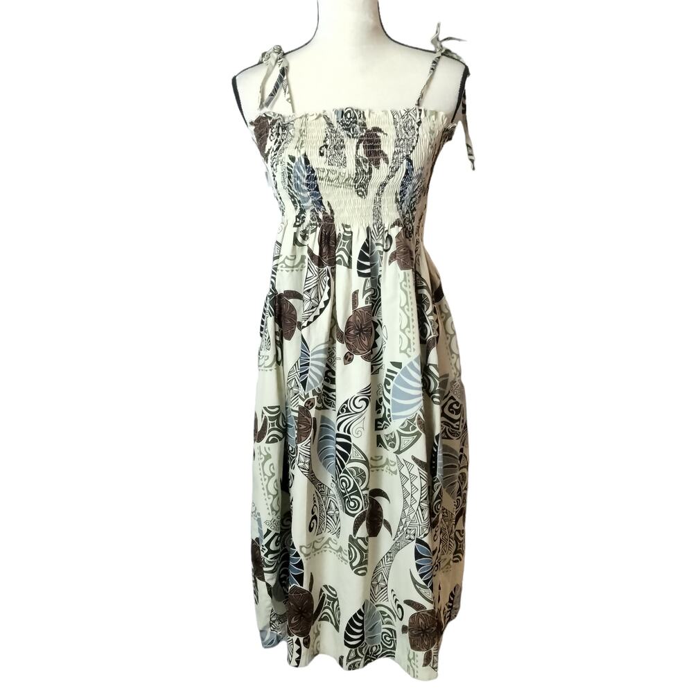 Vintage Made in Hawaii E & K Fashion Strappy Turtle Print Dress Smocked Midi